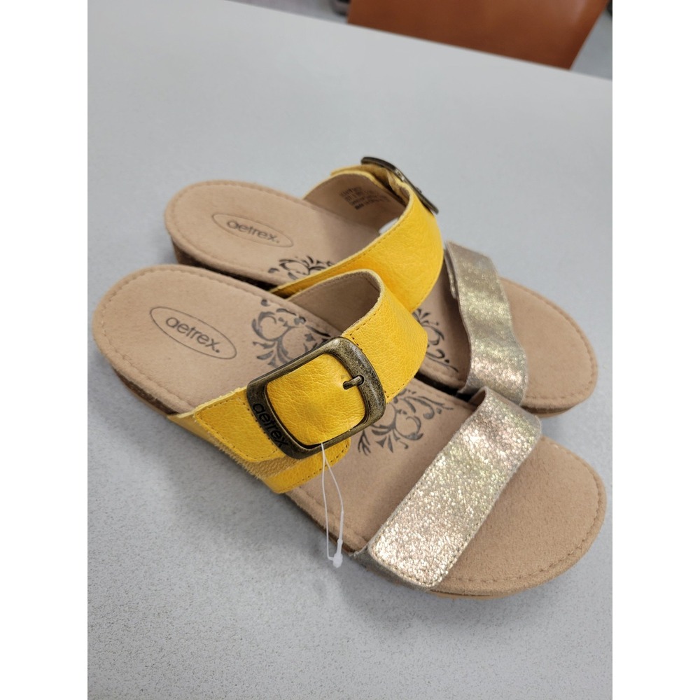 New Aetrex Geniune Leather W US 7.5 Daisy Adjustable Slide Sunflower Memory Foam